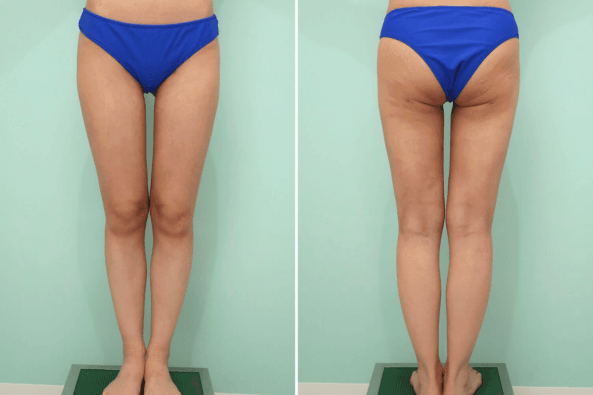 One Month After Liposuction of the Full Thighs, Lower Buttocks, and Knees (Above/Inner): Swelling Is Still Significant